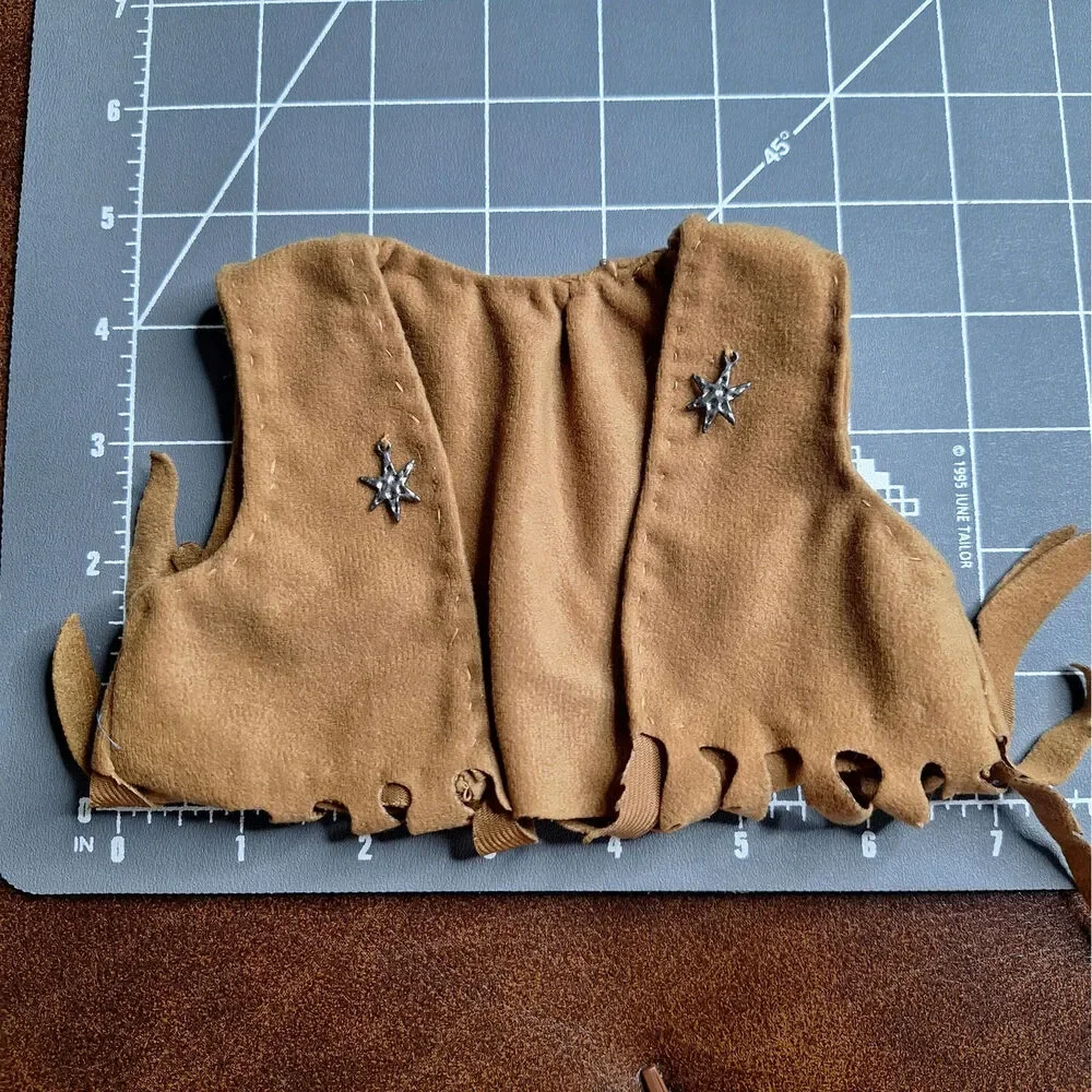 VTG Doll Western Fringe Vest Tan Faux Suede Silver Star Sheriff Cowgirl Outfit